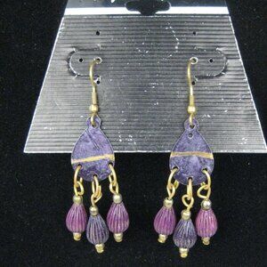Earrings Boho Purple Beaded Dangle Pierced Goldrtone 2 inch Chandelier Retro